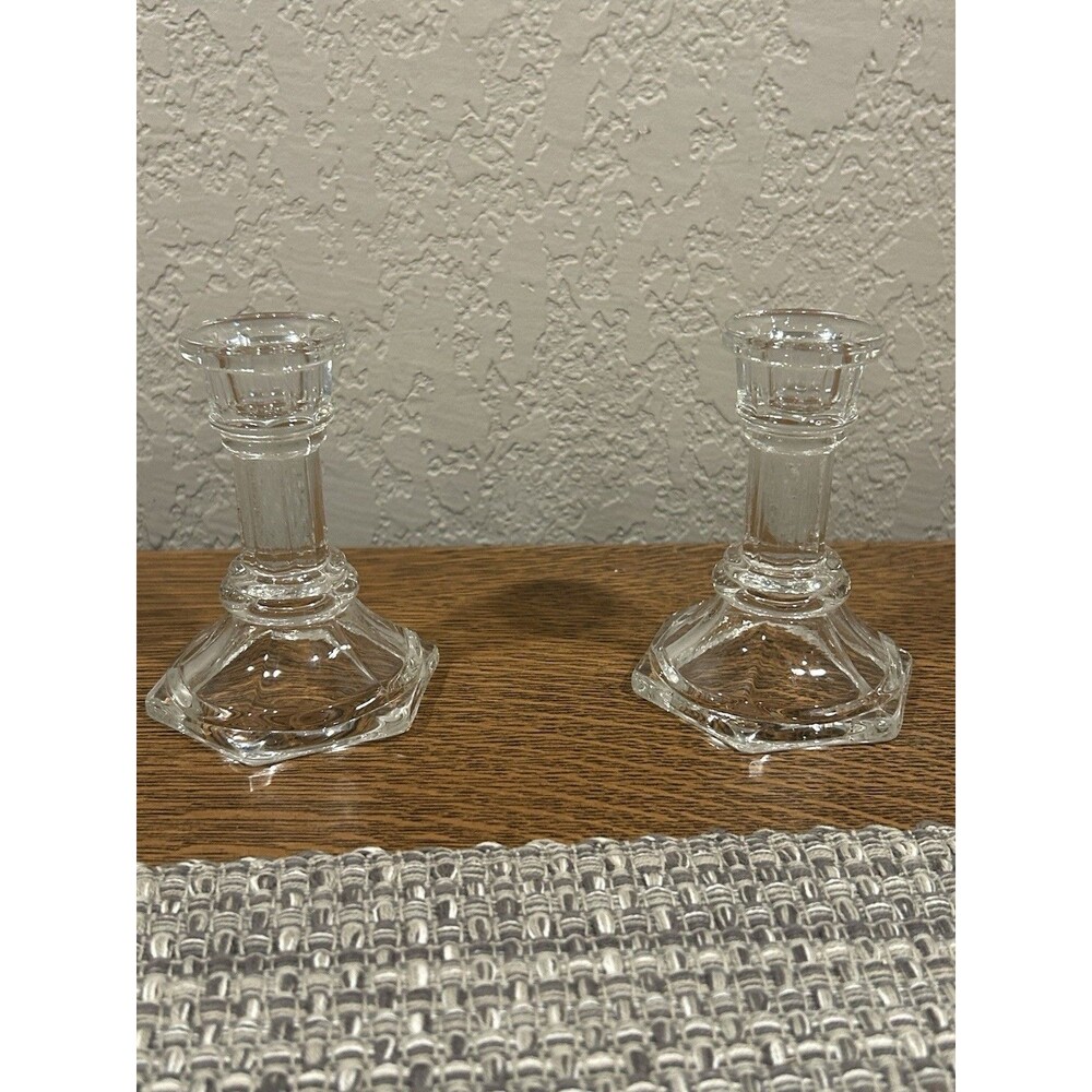 Glass Candle Sticks Clear Glass Hexagonal Base 4.5” Tall Set Of 2